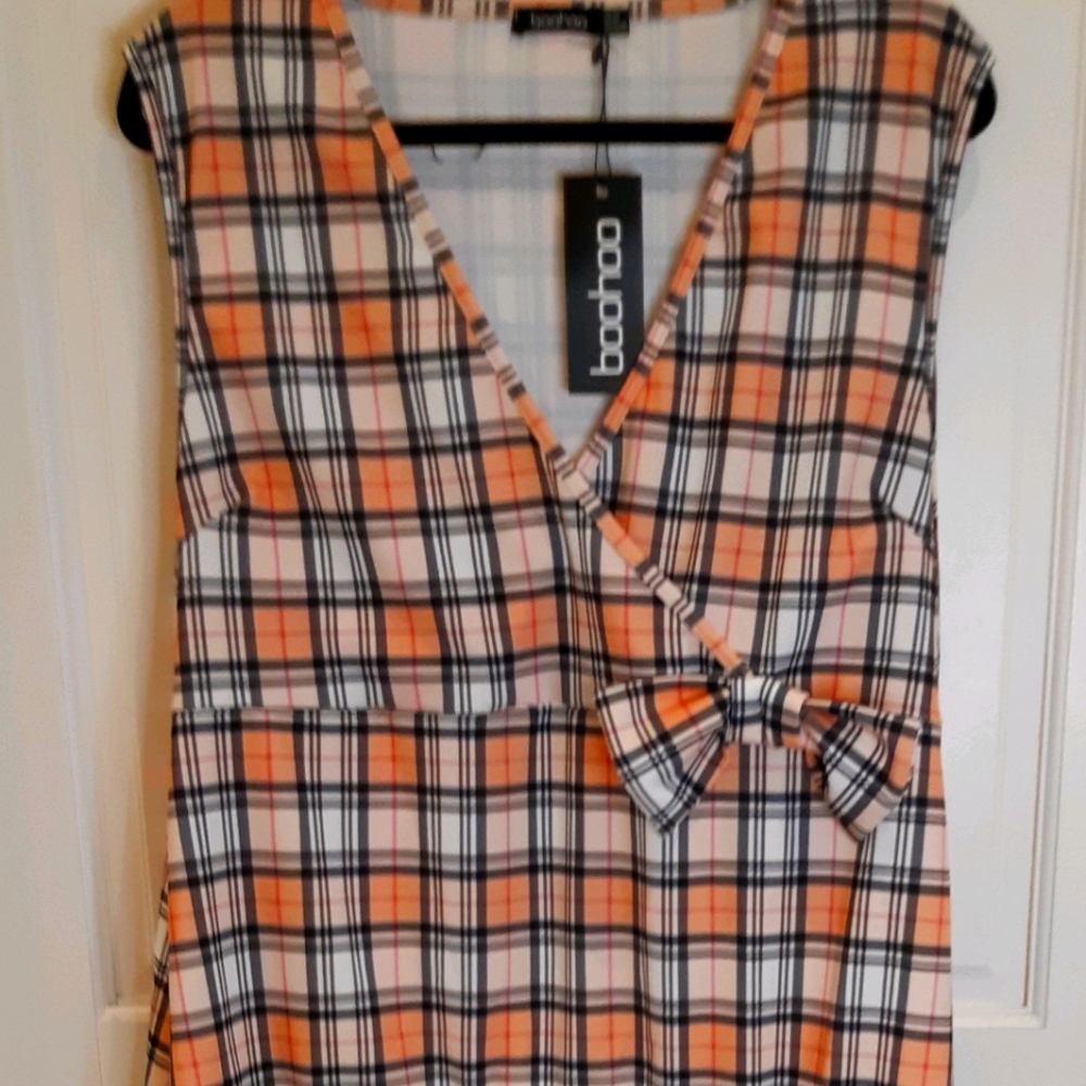 Faux Wrap Plaid Ruffle Skater dress with bow